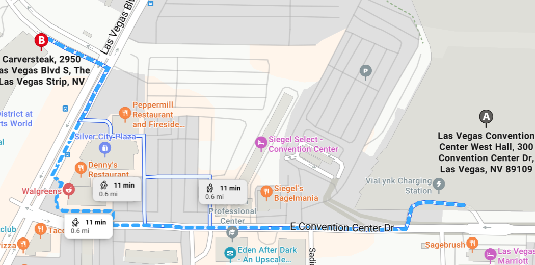 Walking route map from Las Vegas Convention Center West Hall to Carversteak