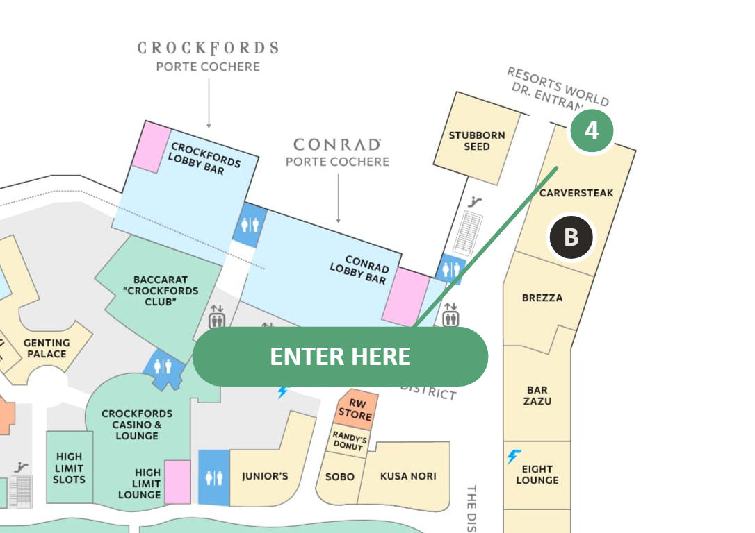 Resorts World indoor floor plan showing the entrance and Carversteak location